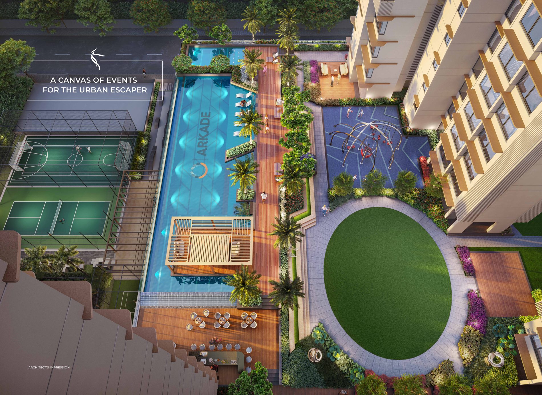 Cricket pitch, pickleball and skating rink at Arkade Evoke