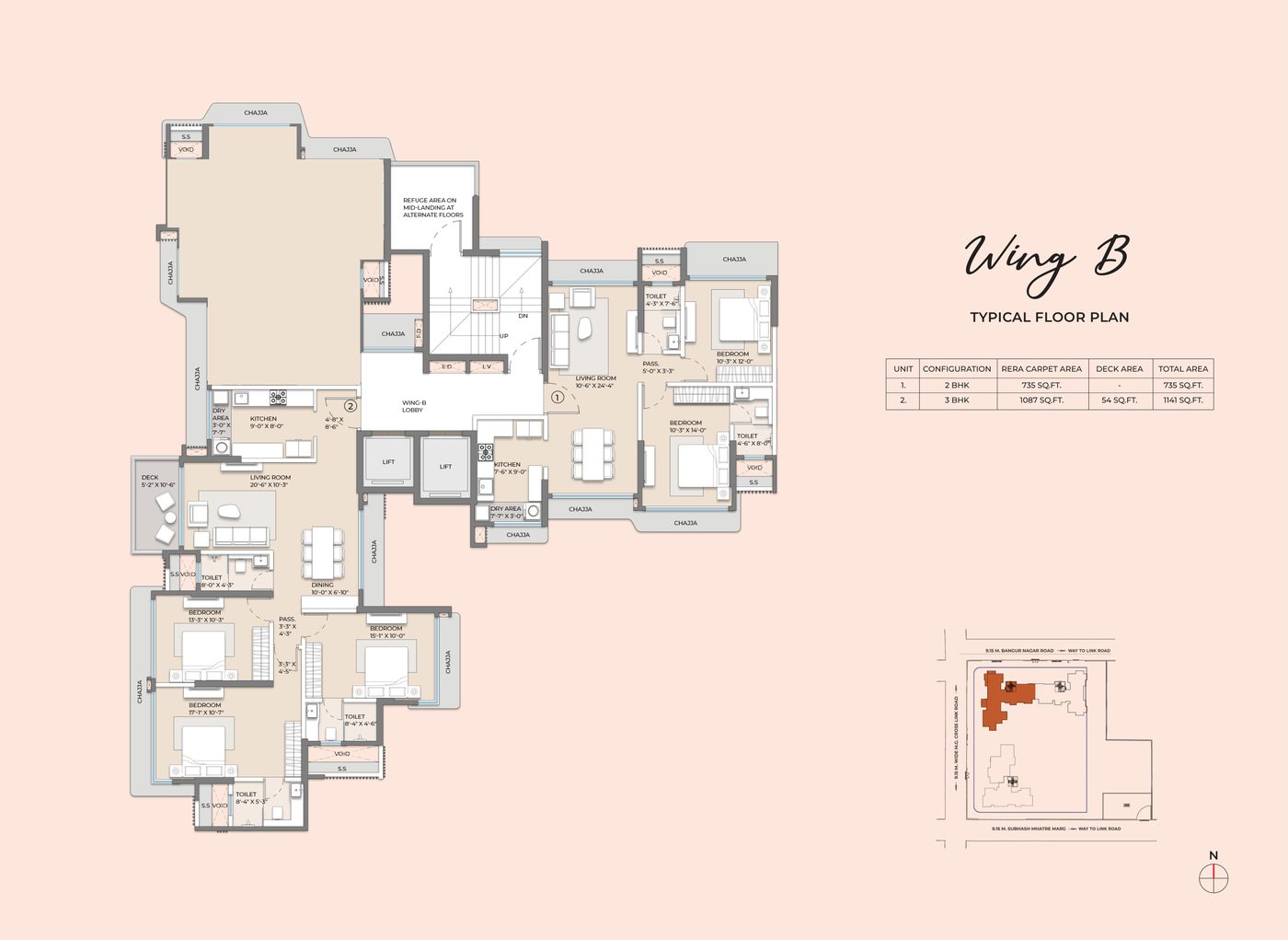 Wing B typical floor plan, 2 and 3 BHK
