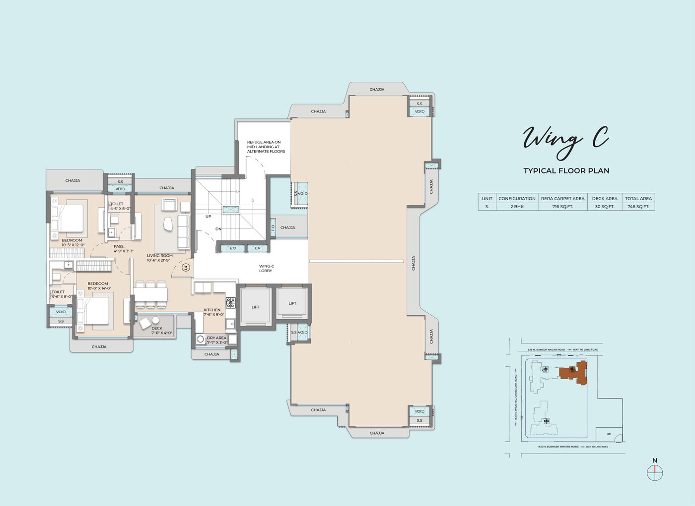 Wing C typical floor plan, 2 BHK