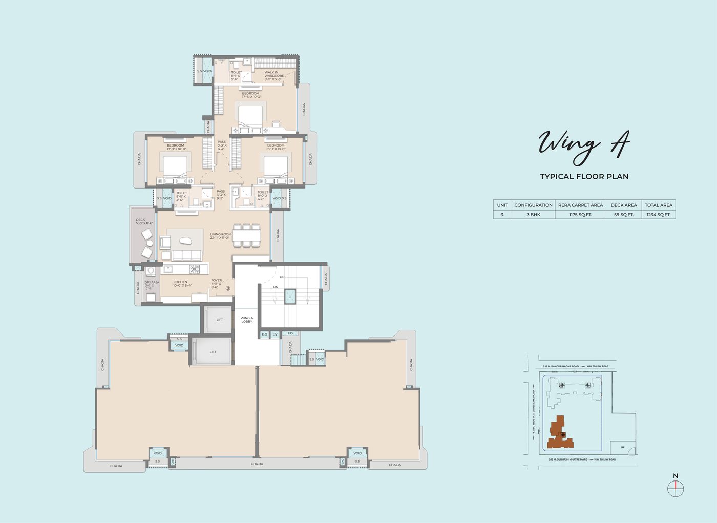 Wing A typical floor plan, 3 BHK